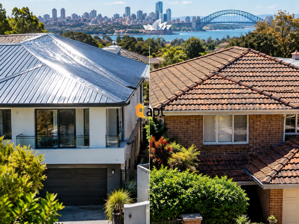 Side-by-side comparison of metal and tile roofing Sydney homes, showing different residential roofing materials. roofing sydneyroofer in sydney, roofers sydney, residential roofing sydney, roofing contractors sydney, roofing repairs sydney, roof repairs service in sydney, roof maintenance in sydney