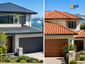 Traditional Australian brick home with terracotta roof tiles and a pitched roof design.